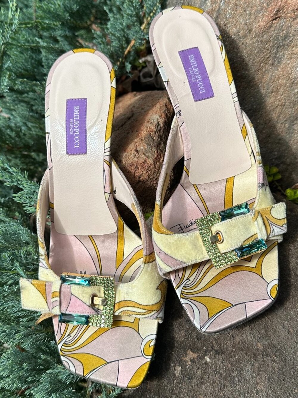 Emilio Pucci Heels 38 Silk Print Italy Square Toe Mule
